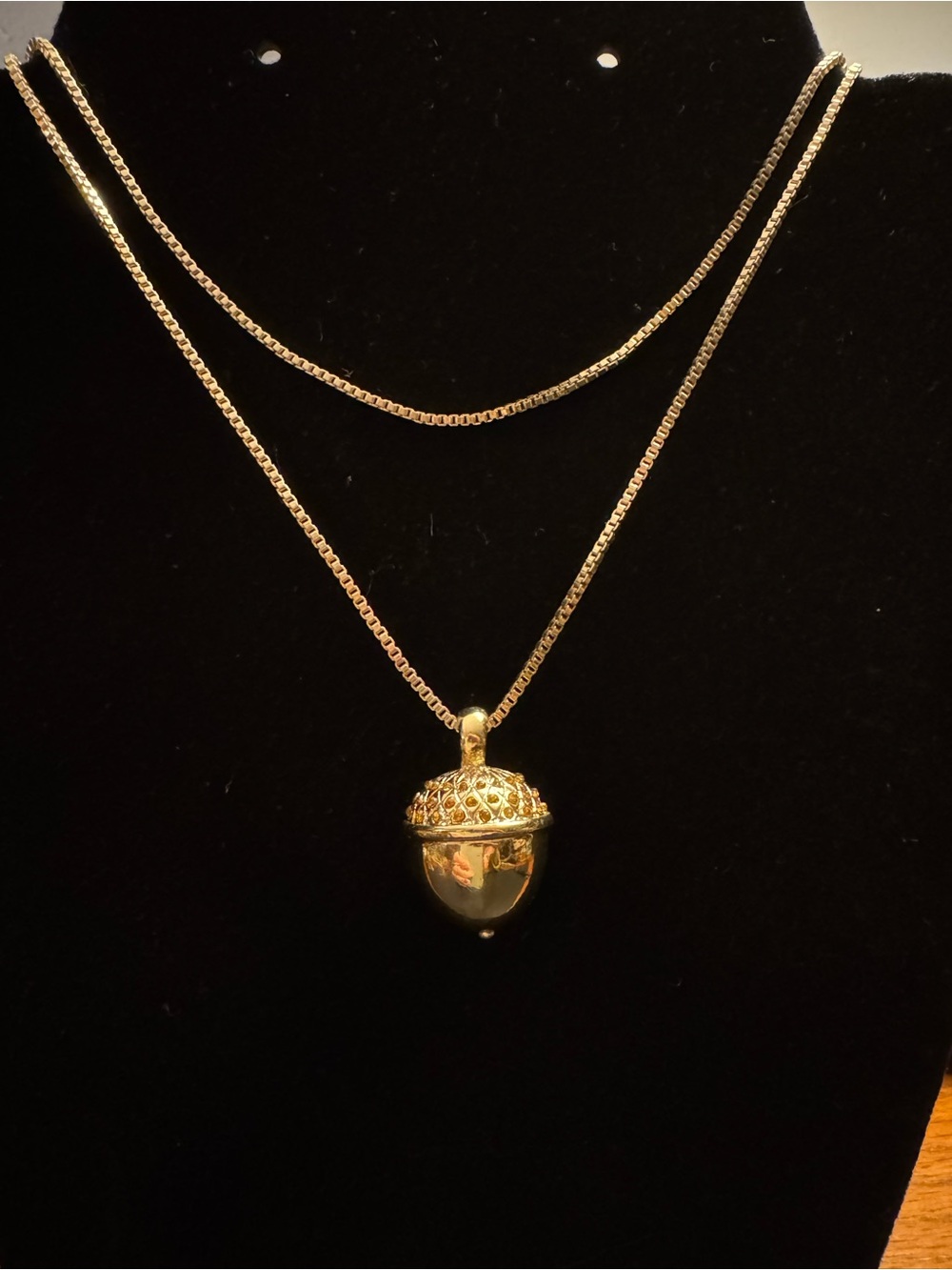 Gold Tone Acorn Pendant Necklace 30” Box Chain